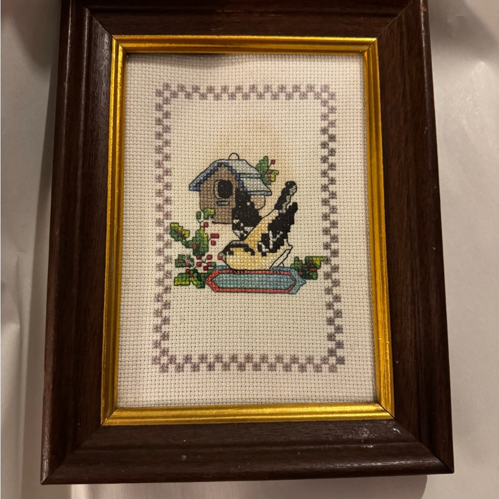 Framed Cross-Stitch Birdhouse Art Vintage